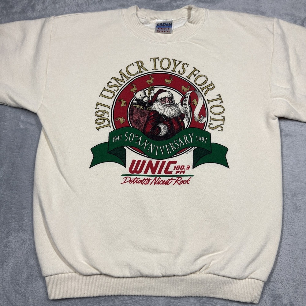 Vintage USMC Toys For Tots Sweatshirt Mens Medium Ivory‎ Santa WNIC Detroit 90s